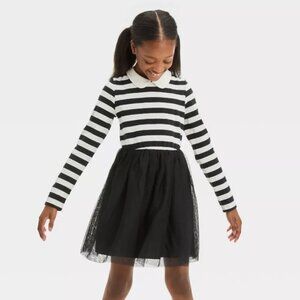 Cat & Jack Kids Girls Long Sleeve Black/Cream Halloween Striped Tulle Dress NEW